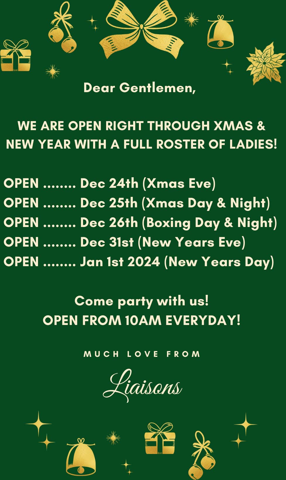 Liaisons holiday opening hours notice 2024